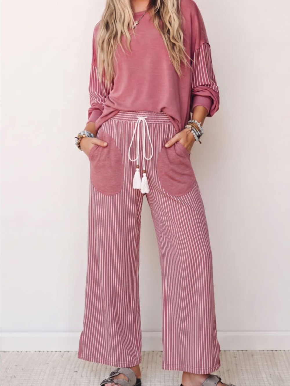 Women’s Stripe-Panel Wide Leg Pants & Shirt Set Dusty Rose